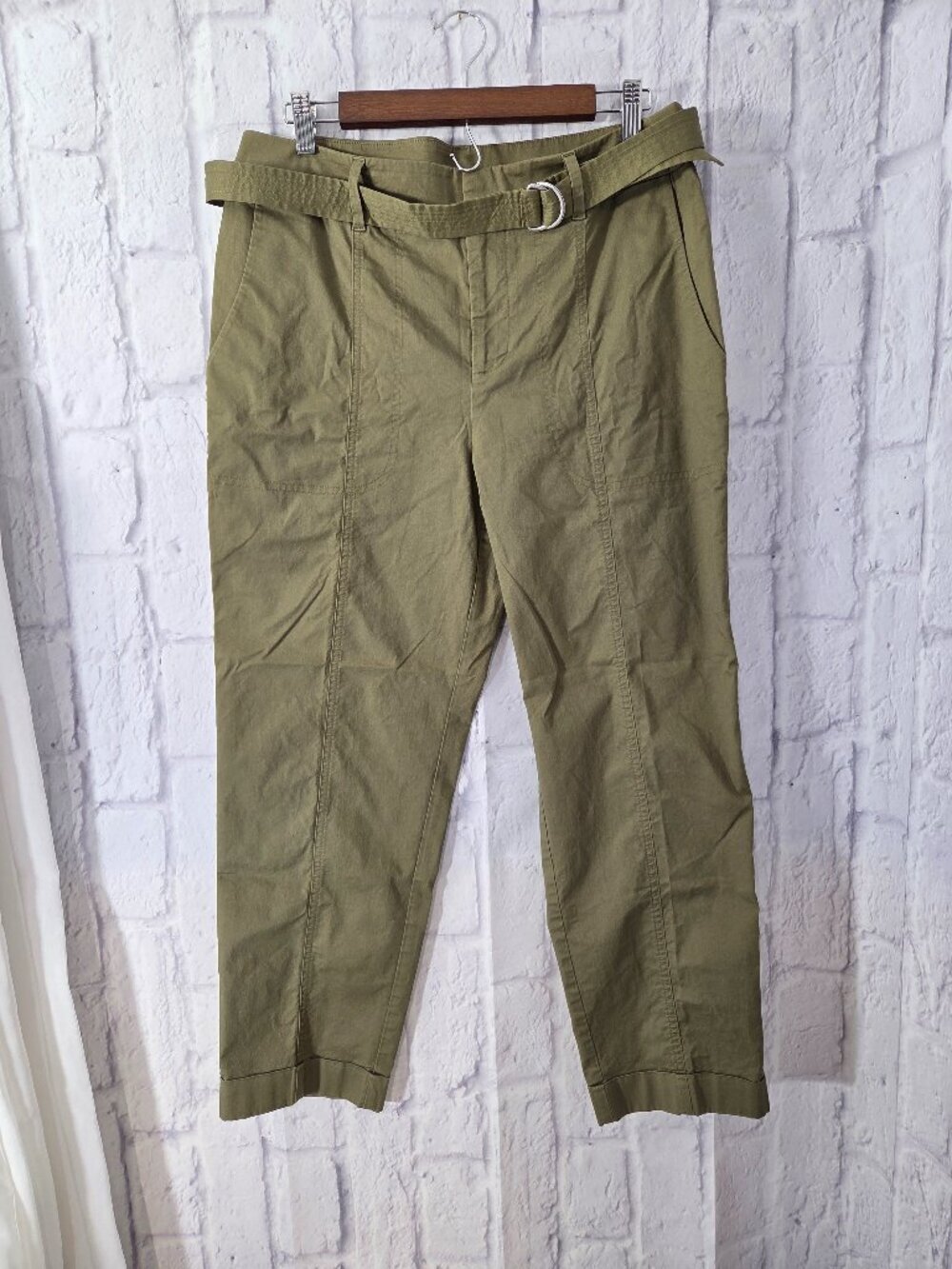 Chico's 1.5 (10) Olive Green Cotton Blend Belted Waist Tapered Leg Casual Pants